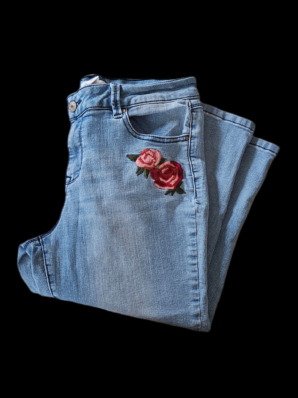 Artisan Ny Light Blue Capris with Rose Embroidery